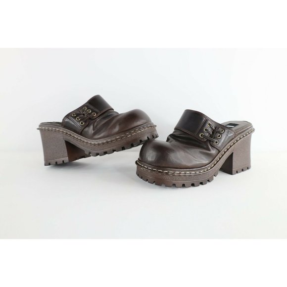 Vintage Shoes - Vintage 90s Grunge Goth EDM Womens Size 8 Chunky Lace Platform Heels Shoes Brown